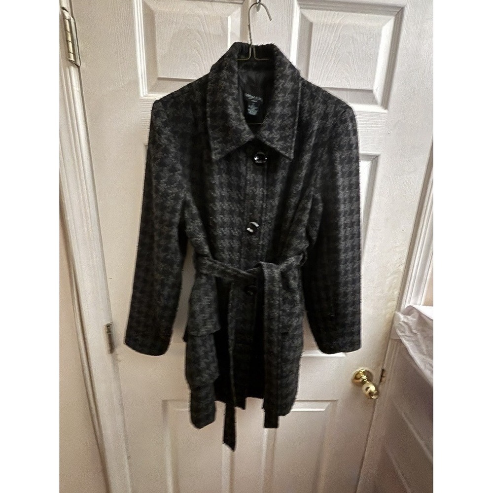 Cynthia Rowley Women's Black Houndstooth Wool Blend Belted Winter Coat Jacket - Picture 10 of 10
